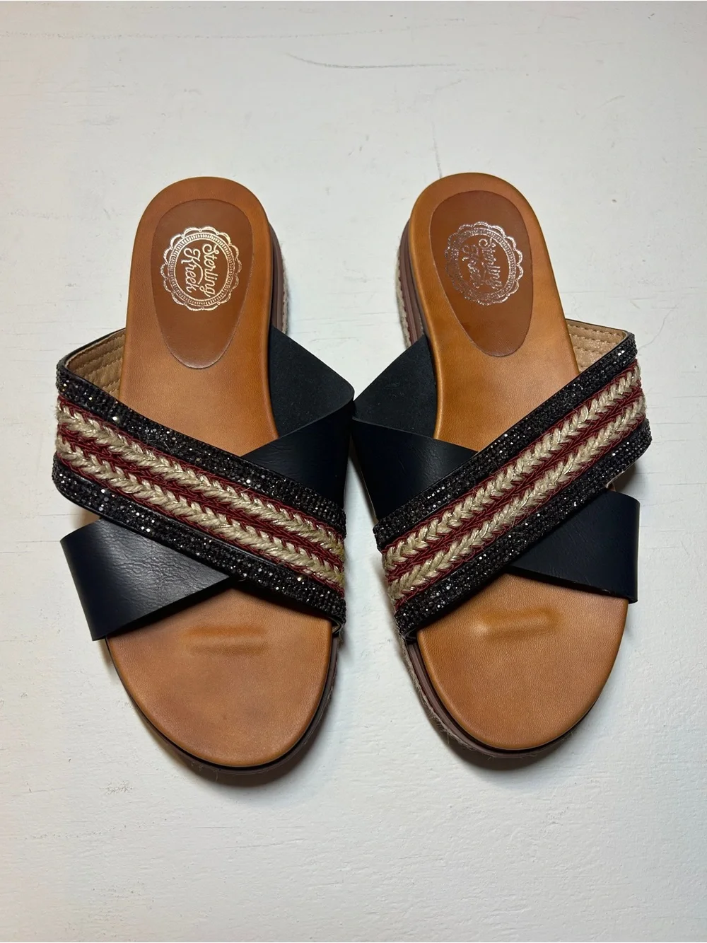 Sterling Kreek Women’s Size 38 Black Embellished Espadrille Slide Sandals
